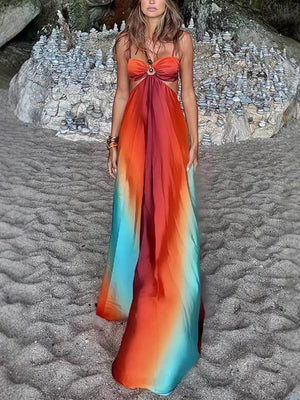 Aurohaya Unique Colorful Gradient Suspender Maxi Dress