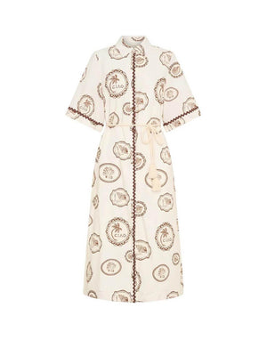 Aurohaya Modern Feel Linen Unique Ocean Print Cardigan Button Midi Dress