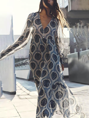 Aurohaya Classic And Unique Baroque Sheer Overlay Balloon Sleeve Maxi Dress