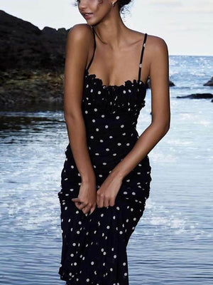 Aurohaya Elegant INS French Slim Backless Polka Dot Suspender Maxi Dress