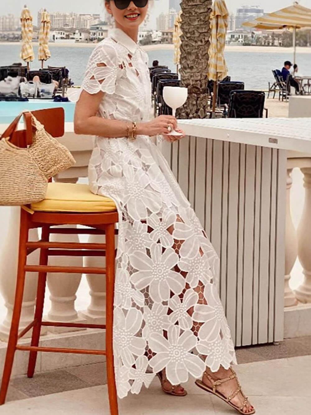 Aurohaya Summer Casual Lace Cardigan Single-Breasted Maxi Dress