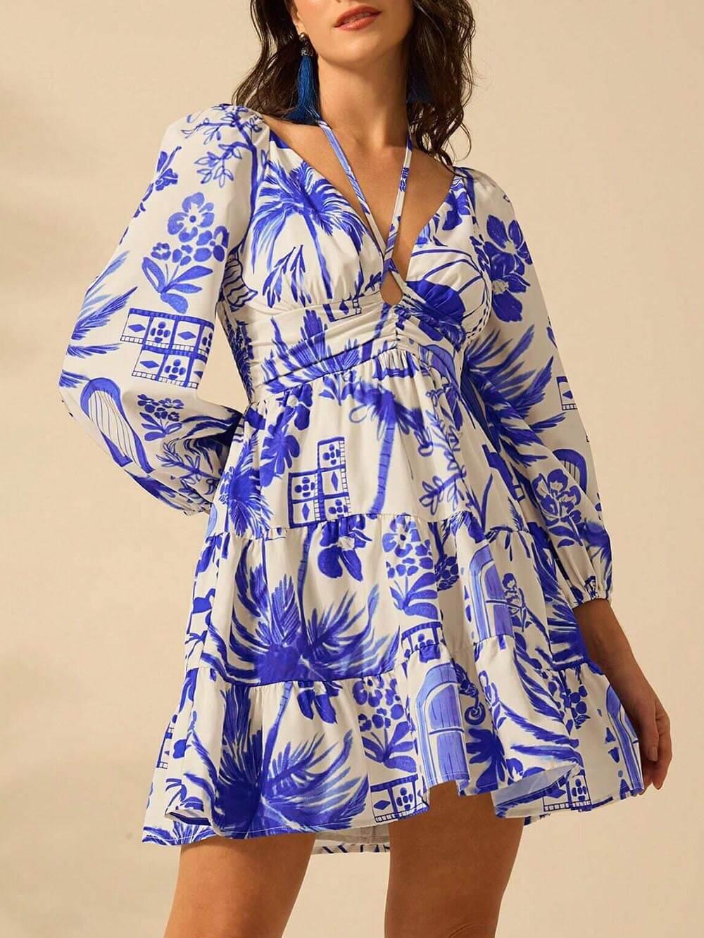 Aurohaya Fashionable And Versatile Flower Bouquet Print Lantern Sleeve Tie Dress