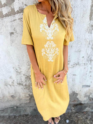 Aurohaya Bohemian Print Linen Loose Midi Dress Yellow
