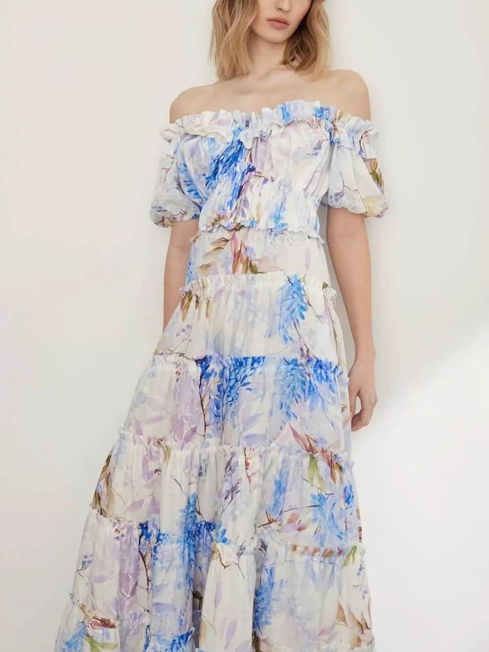 Aurohaya Elegant Off-Shoulder Printed Organza Fairy Evening Gown Maxi Dress
