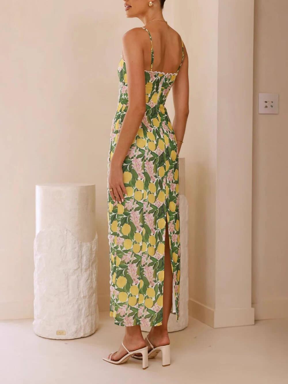 Aurohaya Sexy Linen Suspender Lace Slit Maxi Dress
