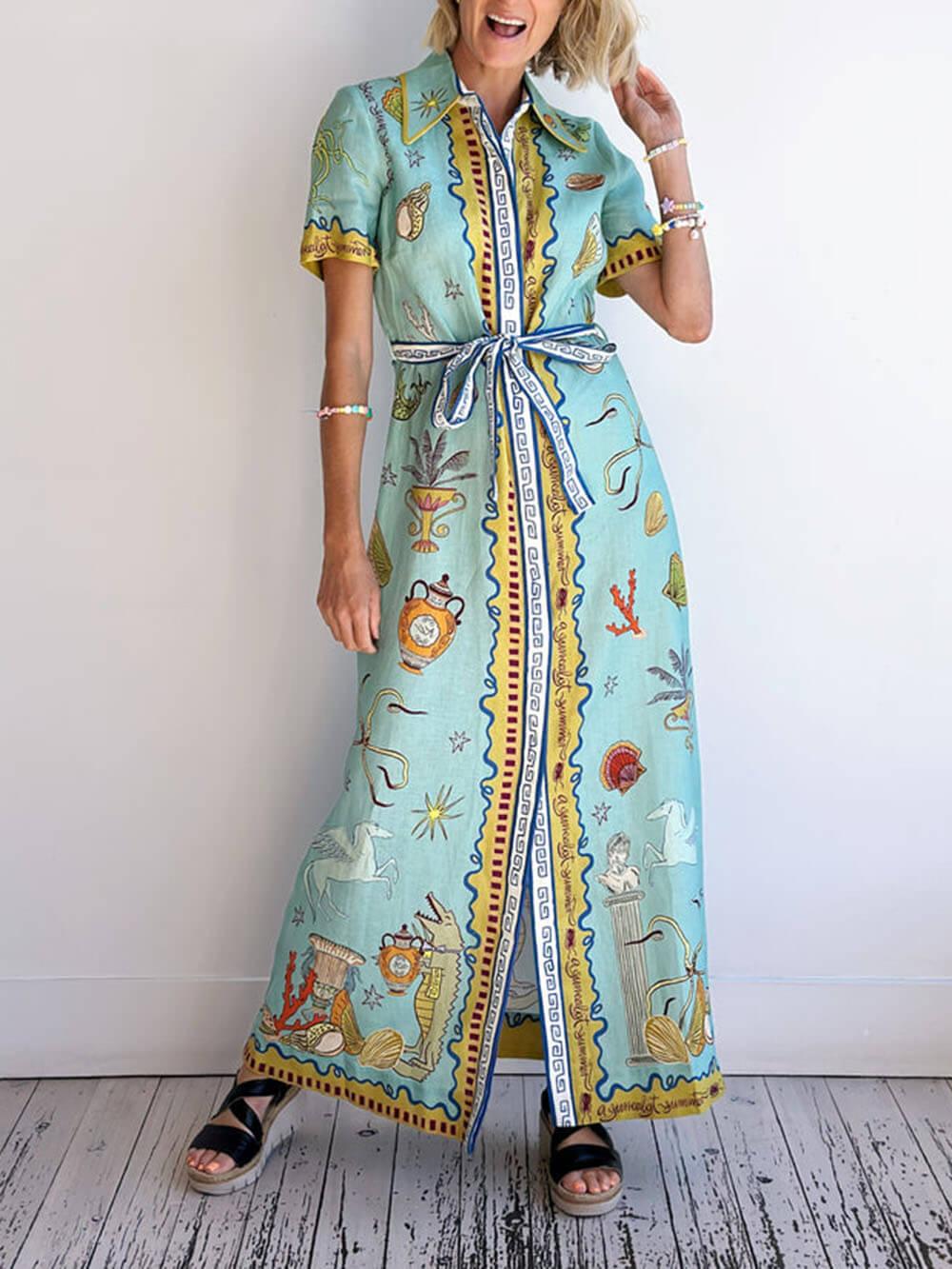 Aurohaya Modern Surrealist Unique Ocean Print Summer Maxi Shirtdress