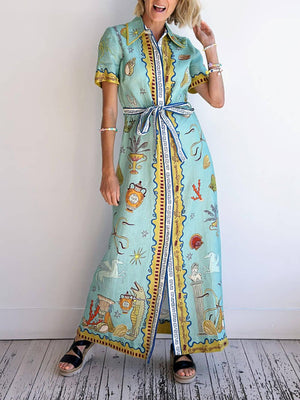 Aurohaya Modern Surrealist Unique Ocean Print Summer Maxi Shirtdress