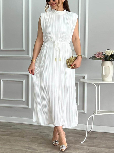 Aurohaya Elegant Pleated Half-High Collar Tie Midi Dress White