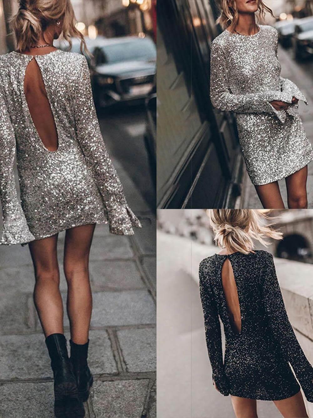 Aurohaya Sequined Personality Casual Long-Sleeved Hip-Hugging Mini Dress