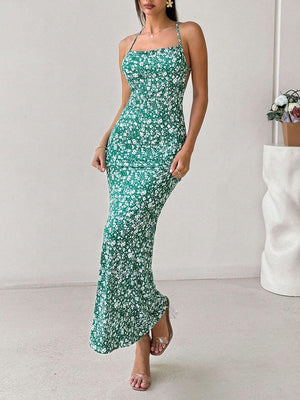 Aurohaya Sweet And Fresh Halter Back Floral Print Holiday Style Maxi Dress Green