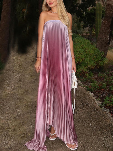 Aurohaya Exquisite Pleated Tube Top Irregular Hem Maxi Dress