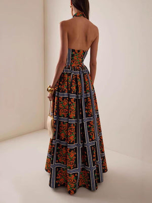 Aurohaya Exquisite Sexy Backless Unique Floral Print Suspender Maxi Dress