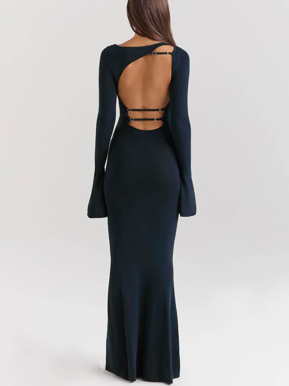 Aurohaya Elegant Midnight Blue Backless Fitted Maxi Dress