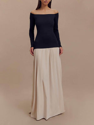 Aurohaya Elegant Two-Tone Stitching Slit Off-Shoulder Maxi Dress White