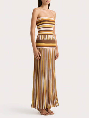 Aurohaya Exquisite Strapless Striped Printed Pleated Maxi Dress