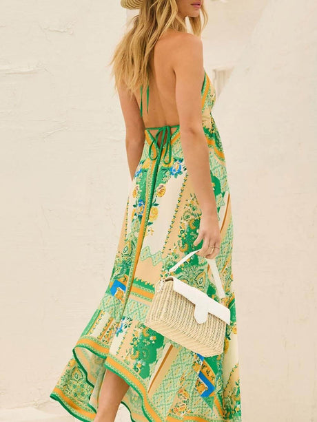 Aurohaya Elegant Off-Shoulder V-Neck Suspender Print Swing Dress