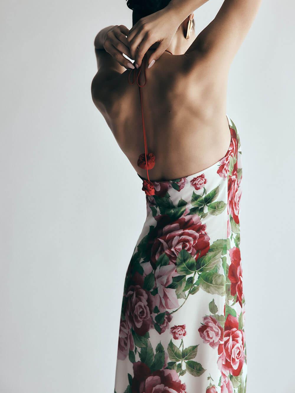 Aurohaya Romance Elegance Rose Printed Applique Cowl Neck Maxi Dress