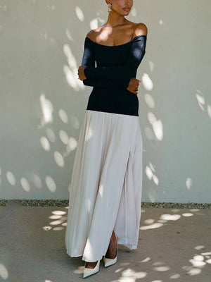 Aurohaya Elegant Two-Tone Stitching Slit Off-Shoulder Maxi Dress