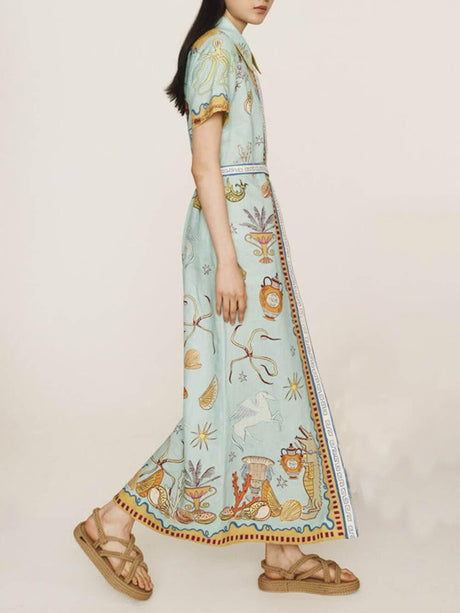 Aurohaya Modern Surrealist Unique Ocean Print Summer Maxi Shirtdress