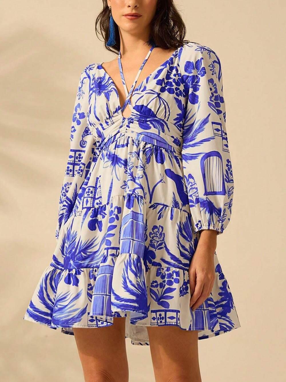 Aurohaya Fashionable And Versatile Flower Bouquet Print Lantern Sleeve Tie Dress