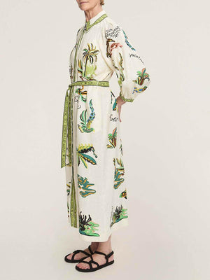 Aurohaya Unique Coconut Tree Print Day Dream Linen Shirtdress