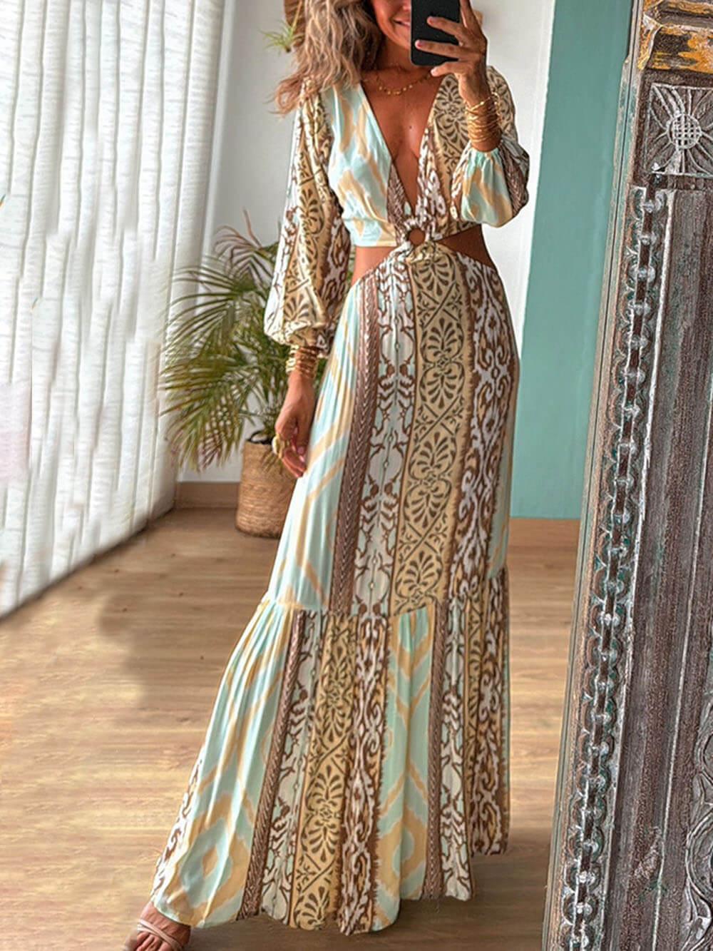 Aurohaya Unique Hollow Print V-Neck Waist-Baring Tie Dress