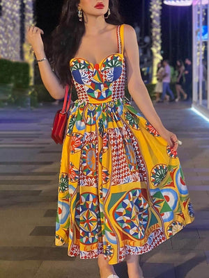 Aurohaya Unique Sunset Walk Ethnic Pattern Print Backless Midi Dress