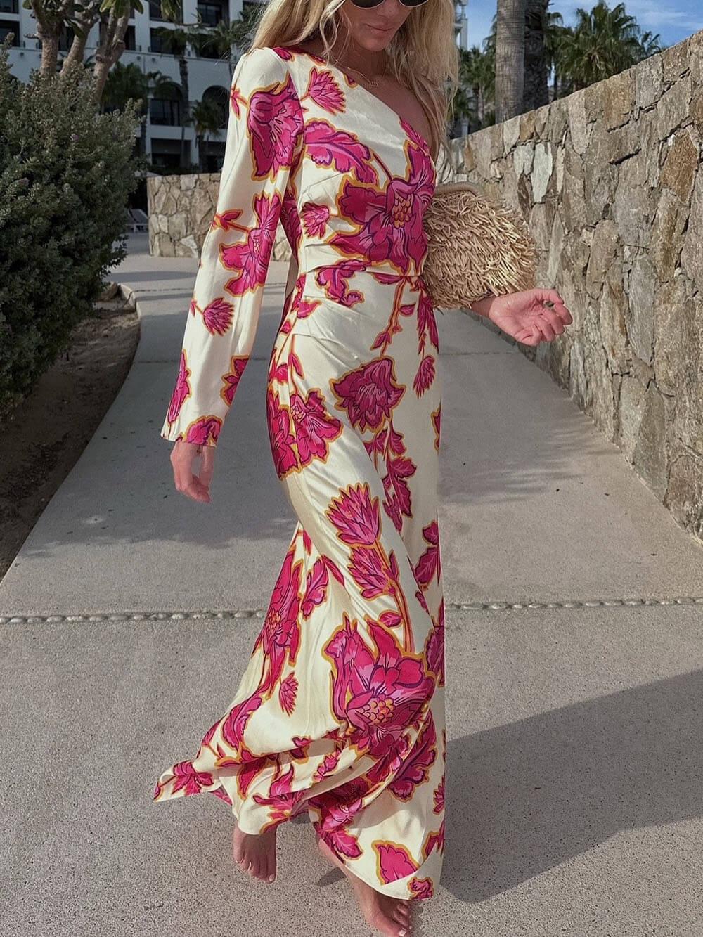Aurohaya Unique Satin Floral Print One Shoulder Flared Maxi Dress