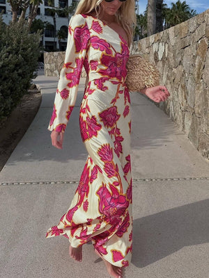 Aurohaya Unique Satin Floral Print One Shoulder Flared Maxi Dress