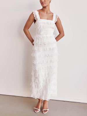 Aurohaya Delicate Layered Lace Detail A-Line Hem Maxi Dress