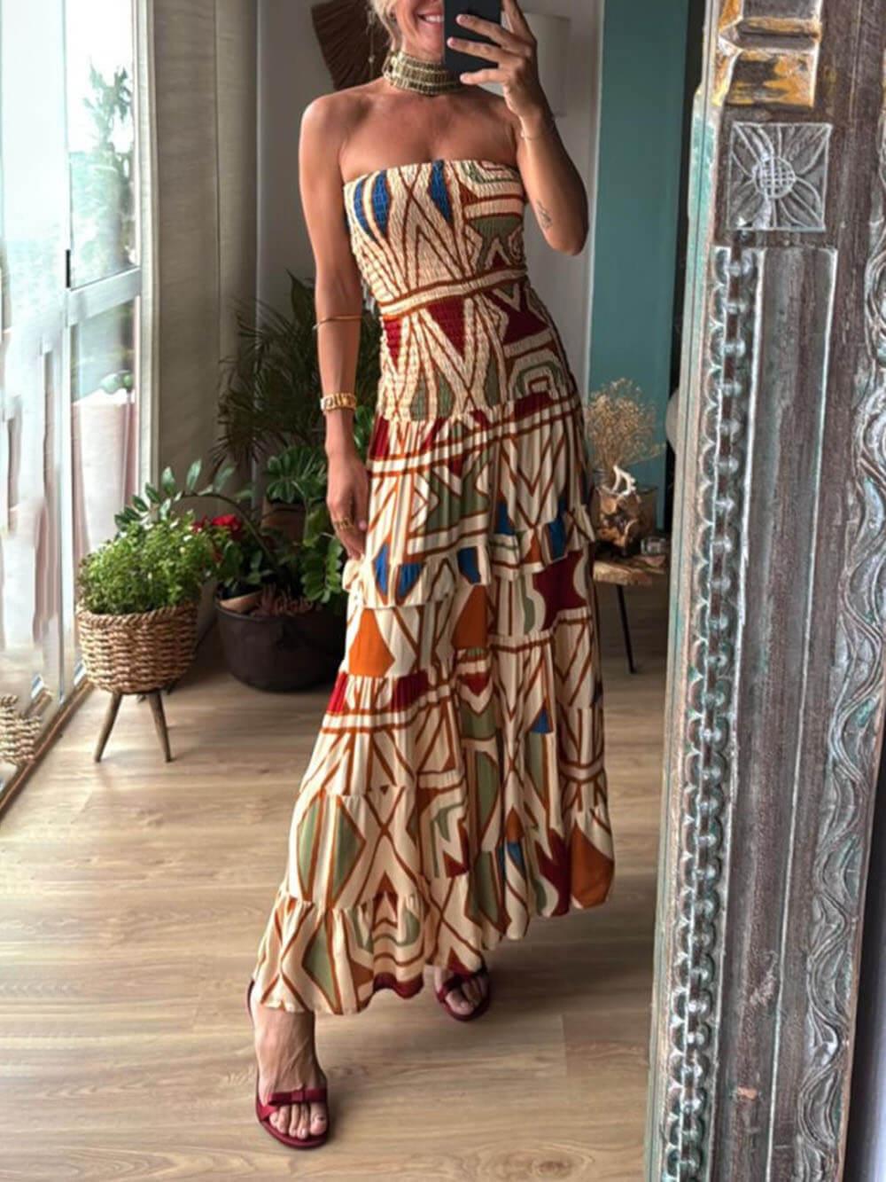 Aurohaya Chic Perfect Style Unique Floral Print Elastic Bandeau Maxi Dress