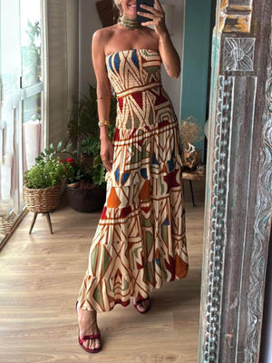 Aurohaya Chic Perfect Style Unique Floral Print Elastic Bandeau Maxi Dress