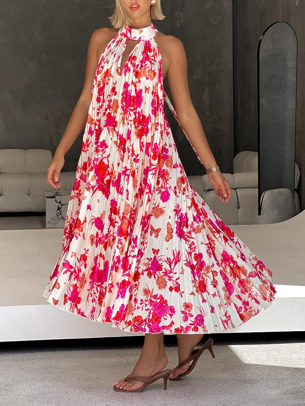 Aurohaya Delicate Floral Print Halter Neck Tie Hollow Pleated Midi Dress