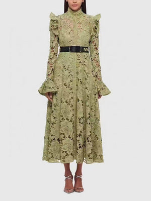 Aurohaya Elegant Hollow Lace Trumpet Sleeve Party Evening Gown Maxi Dress Olive Green