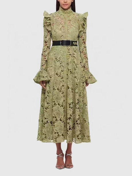 Aurohaya Elegant Hollow Lace Trumpet Sleeve Party Evening Gown Maxi Dress Olive Green