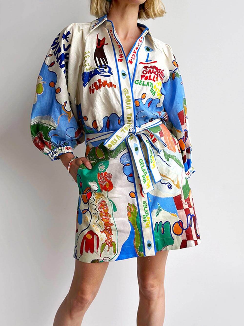 Unique Linen Print Cardigan Lace-Up Mini Dress