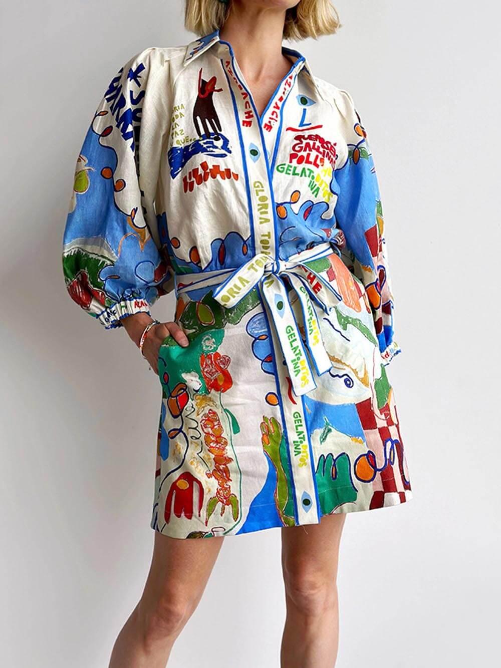 Aurohaya Unique Linen Print Cardigan Lace-Up Mini Dress