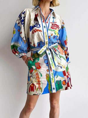 Aurohaya Unique Linen Print Cardigan Lace-Up Mini Dress