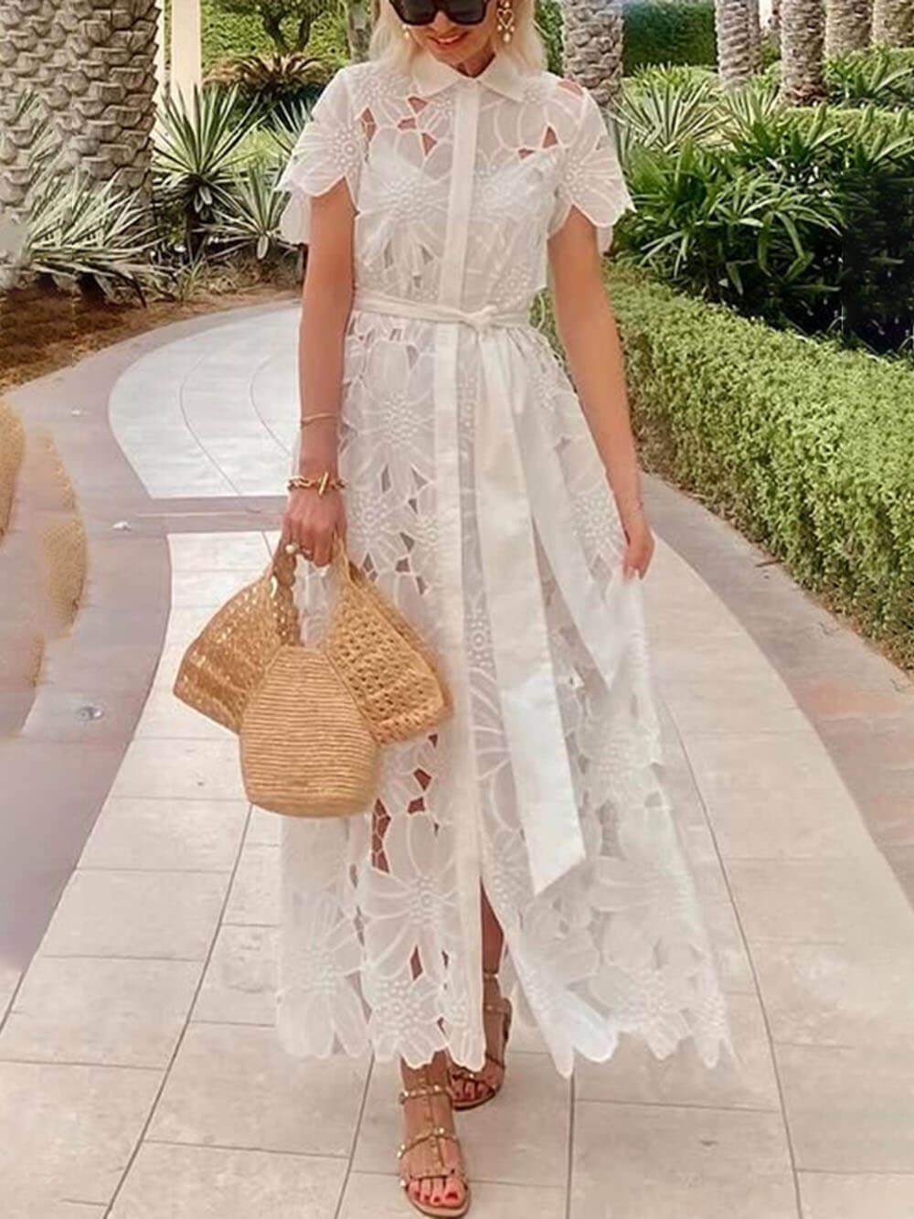 Aurohaya Summer Casual Lace Cardigan Single-Breasted Maxi Dress