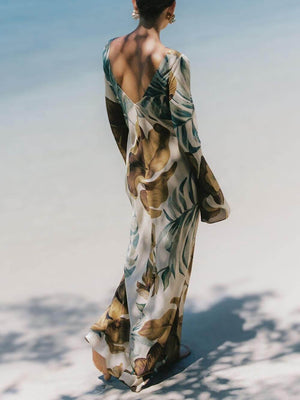 Aurohaya Simple Unique Plant Pattern Print Back Hollow Out Maxi Dress