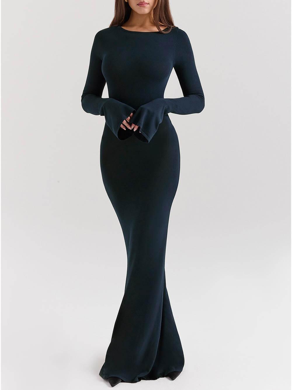Aurohaya Elegant Midnight Blue Backless Fitted Maxi Dress Navy Blue