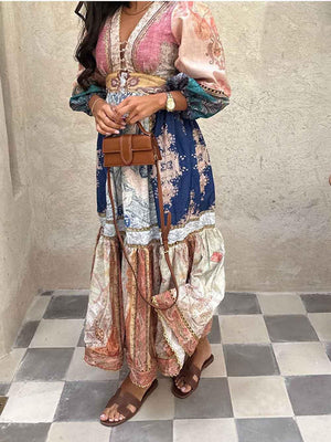 Aurohaya Retro Print Ethnic Style Puff Sleeve Holiday Maxi Dress Multicolor