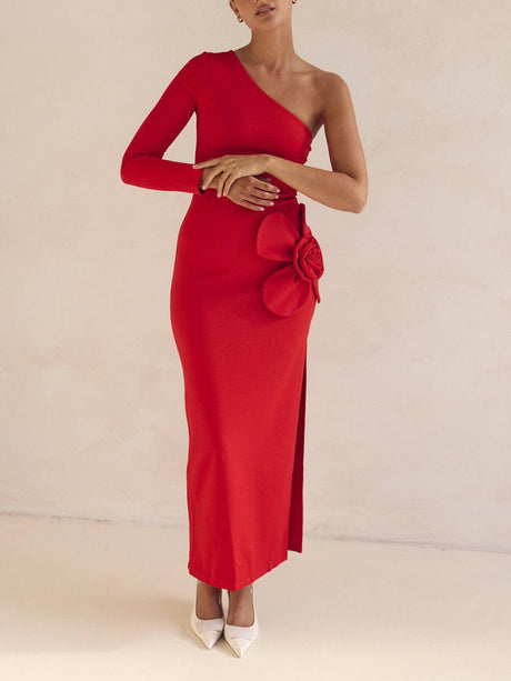 Aurohaya Exquisite One-Shoulder Neckline Flower Decoration Side Slit Prom Maxi Dress