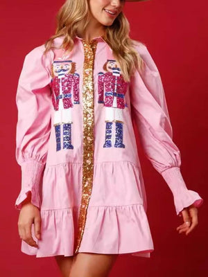 Aurohaya Christmas Lapel Contrast Long Sleeve Sequined Mini Dress Pink