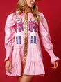 Aurohaya Christmas Lapel Contrast Long Sleeve Sequined Mini Dress Pink
