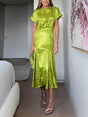 Aurohaya Elegant Satin Unique Jacquard Print Midi Dress Green