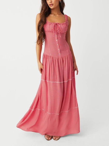 Aurohaya Vintage French Check Print Suspenders Drawstring Pleated Ruffle Maxi Dress