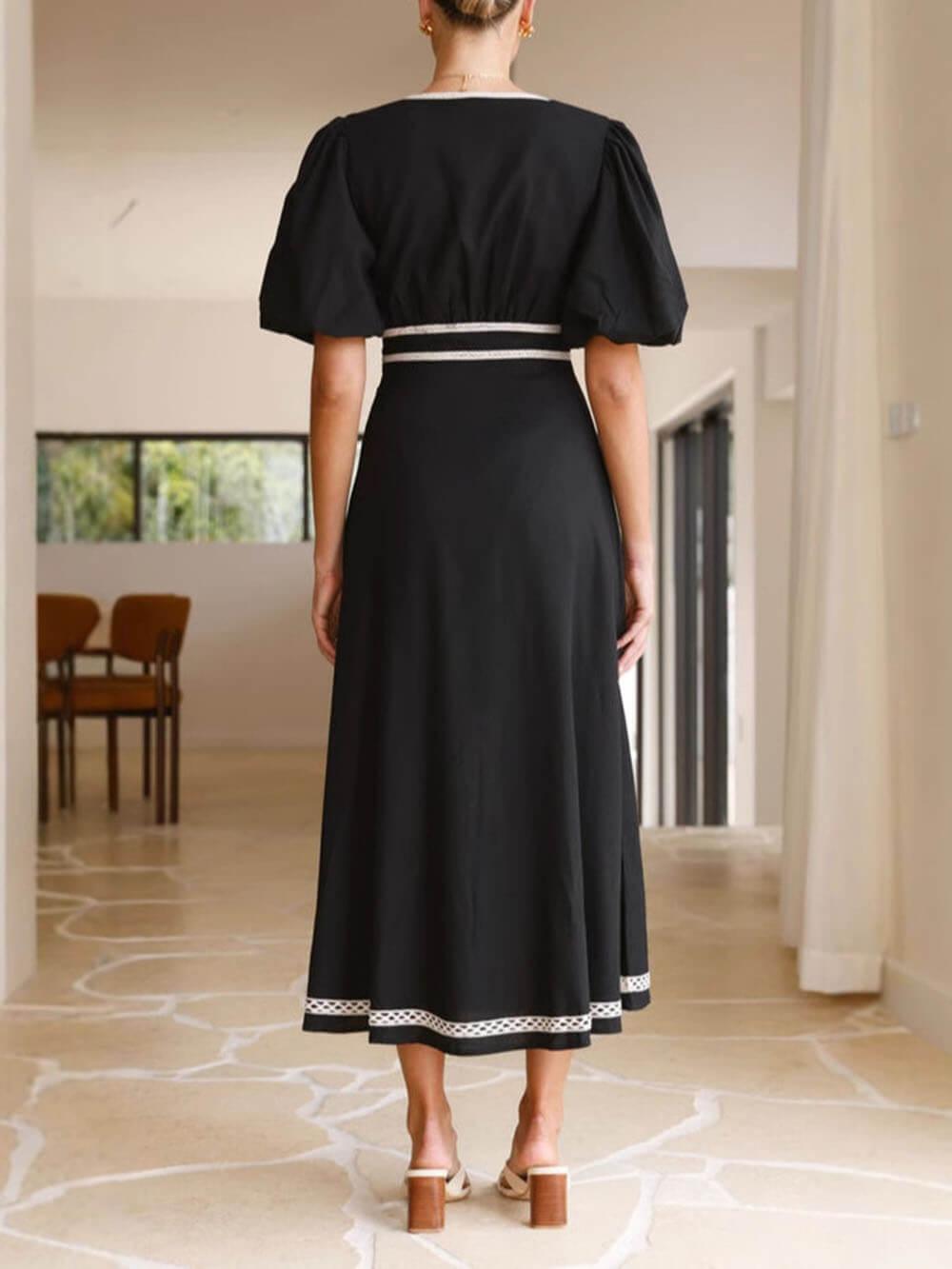 Aurohaya Elegant Patchwork Lace Puff Sleeve Waisted Maxi Dress