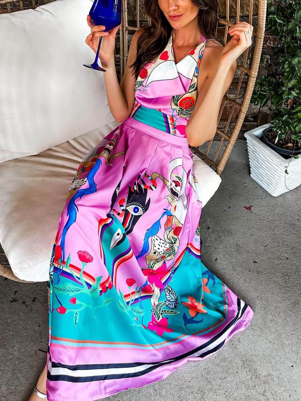 Aurohaya Elegance Unique Satin Print Back Tie-up Pocket Halter Maxi Dress