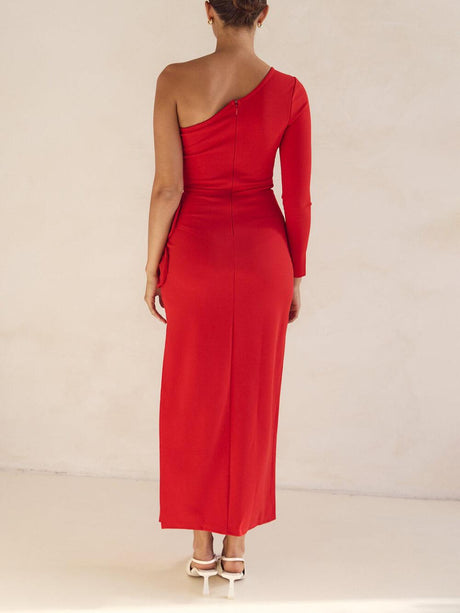 Aurohaya Exquisite One-Shoulder Neckline Flower Decoration Side Slit Prom Maxi Dress